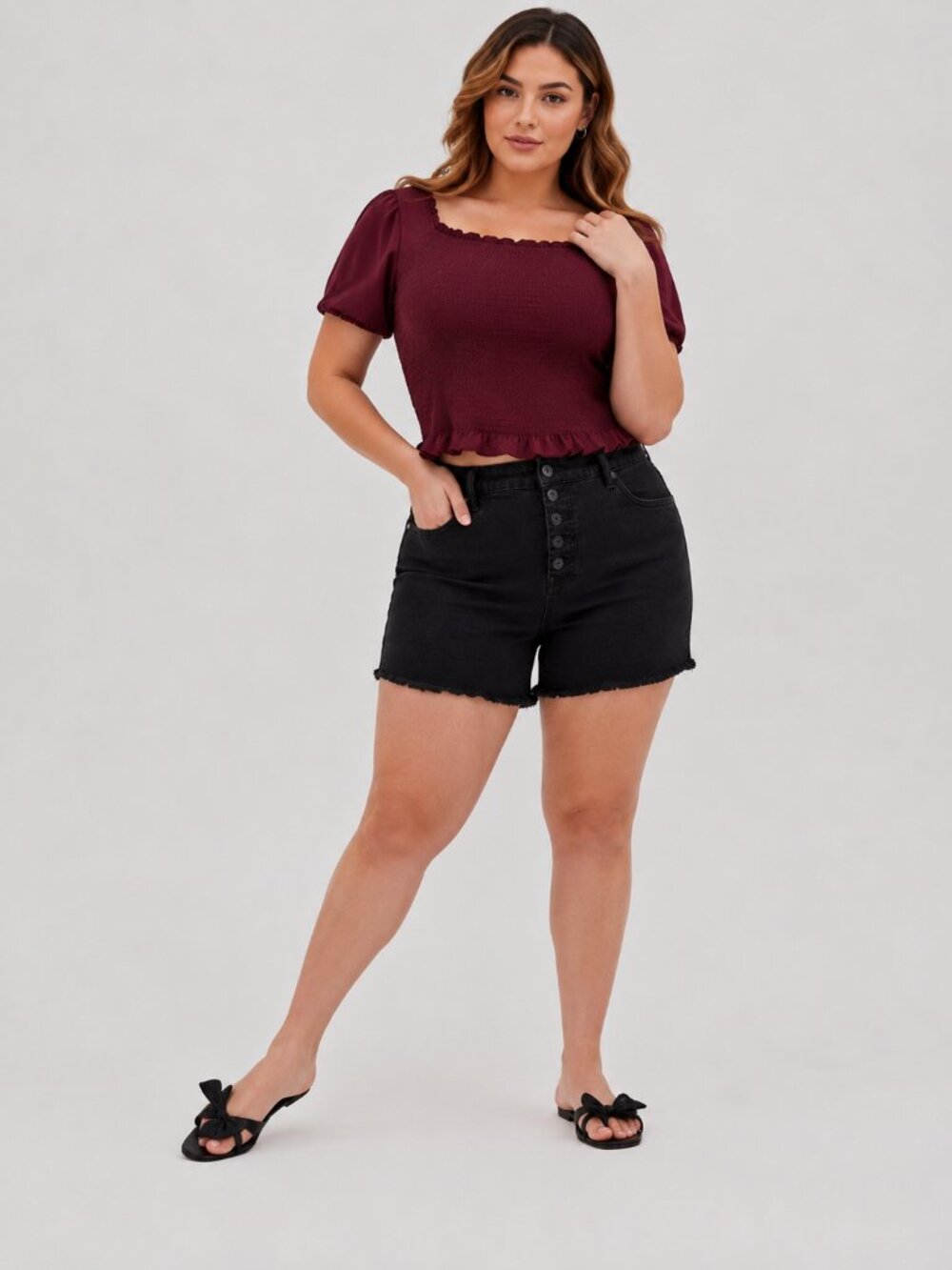 Torrid Feel The Fit Black Denim Button Fly Raw Hem Shorts Size 16